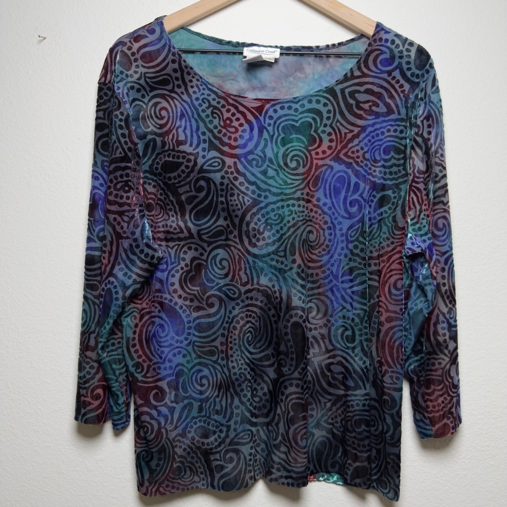 Coldwater Creek Women Velvet Burnout Top XL Multi Paisley Artsy Mesh 3/4 Sleeve‎